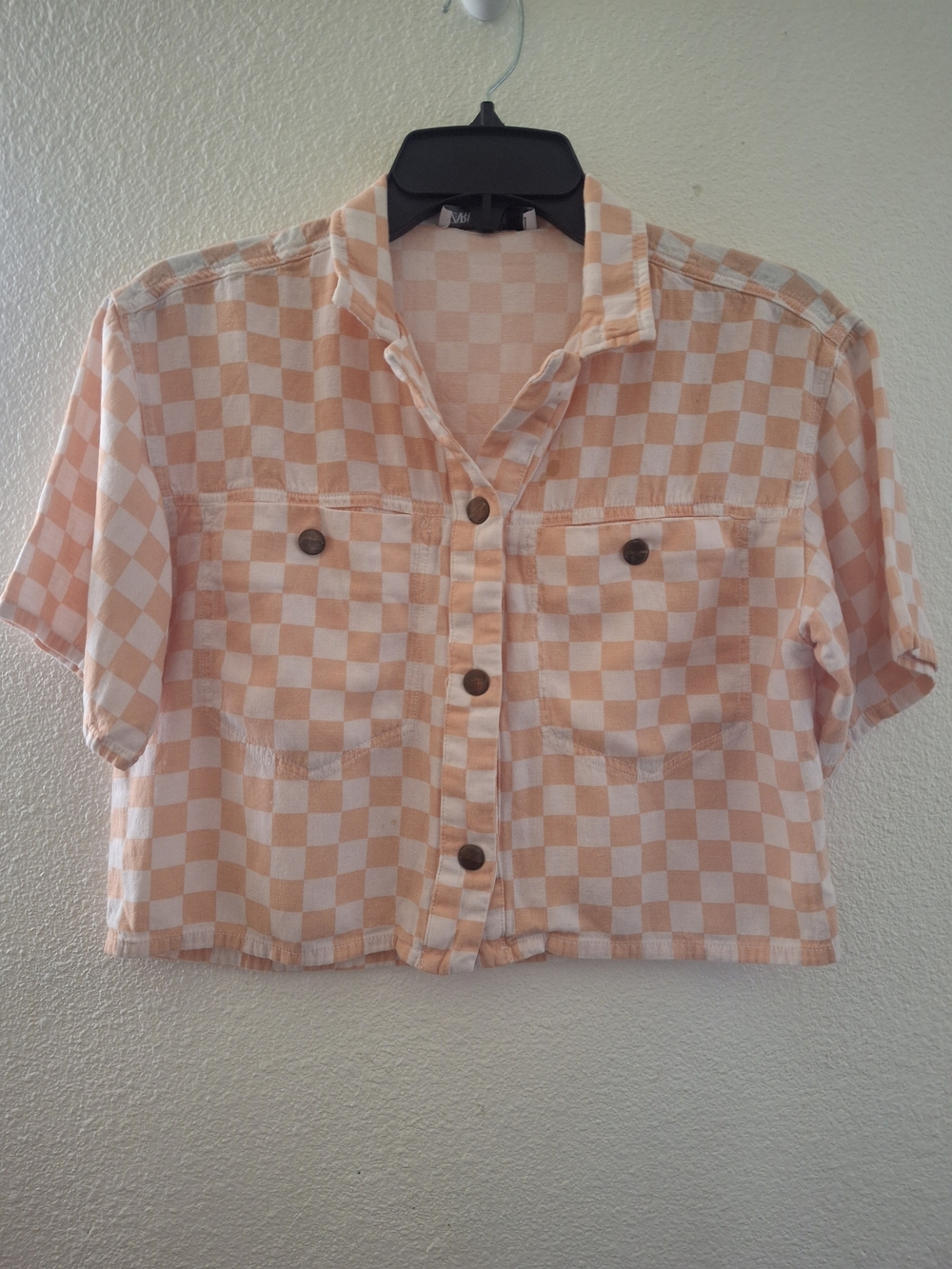 Zara Peach and White Checked Crop Button-Front Shirt